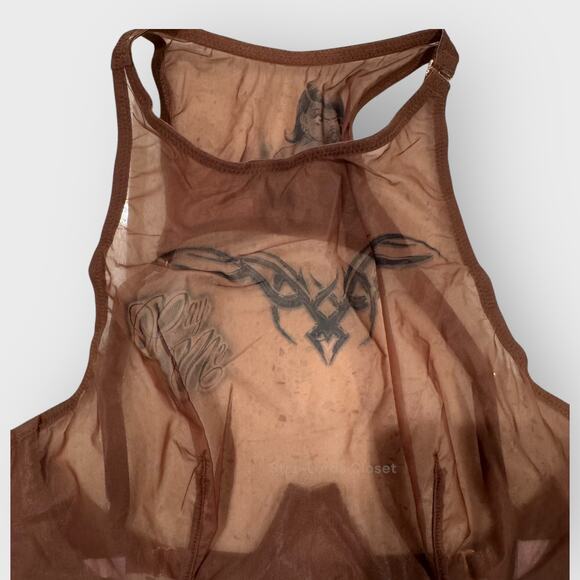 Savage X Fenty Tattooed Tricot High Neck Bra 32C Brown Lace Detail Sexy Lingerie - Picture 4 of 9